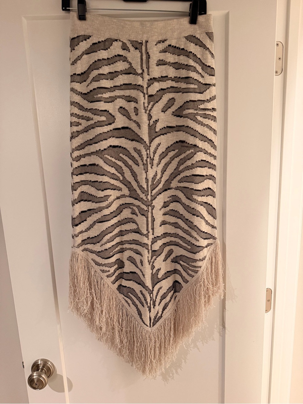 STAUD Neutral Zebra Fringe midi skirt in white, grey, black
